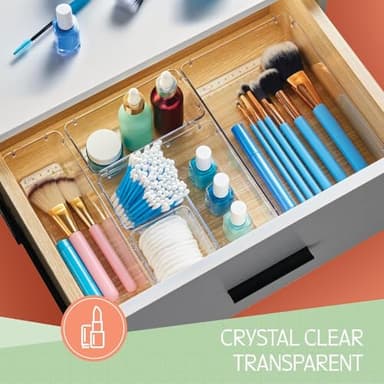 25 PCS Clear Plastic Drawer Organizers Set, 4 Sizes Clear Drawer Organizers & storage Bins for Makeup/Jewelry Vanity, Kitchen Gadgets Or Office Desk. Bathroom Drawer Organizer Trays With Non-Slip Pads - Image 3