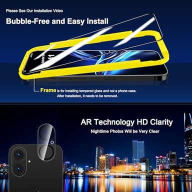 QHOHQ for iPhone 16 Screen Protector with Camera Lens Protector, [Military Grade Shatterproof], Top 9H+ Tempered Glass, Full Edge Coverage, Ultra Durable, with Easy Installation Tool [3+3 Pack] - Image 7