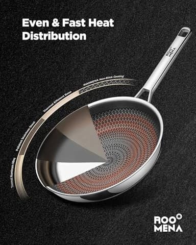 Roomena Nonstick Frying Pan Set with two Lid, Non-Toxic Tri-Ply Hybrid Ceramic Skillet three Piece, 8, 10 & 12 Inch Stainless Steel Pans, PFAS/PFOA/PTFE Free, Oven Safe, Induction Compatible - Image 5