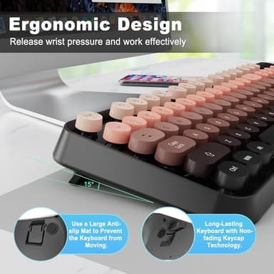 Wireless Keyboard and Mouse Combo, 104 Round Keys Cute Colorful Keyboard and Mouse with Retro Typewriter for PC/Mac/Laptop/Tablet/Computer/Windows Black - Image 6