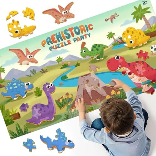iPlay, iLearn Floor Puzzle for Kids Ages 3-5 4-6, Dinosaur Jigsaw Puzzle, 52Pcs Wooden Jumbo Dino Animal Puzzles Game, Toddler Educational Learning Toy, Preschool Birthday Gifts for Boy Girl Child - Image 1