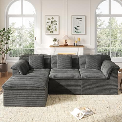 SUNG7 112" Modular Cloud Sectional Couch with Ottoman, Modern Upholstered Compressed Sofa with Deep Seat, Comfy L-Shape Corduroy Couches for Living Room, No Assembly Required, Dark Gray - Image 1
