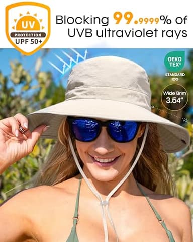 FURTALK Sun Hats for Women Ponytail UPF 50+ Beach Summer Hat Wide Brim Packable Cowboy Hat Beige - Image 2