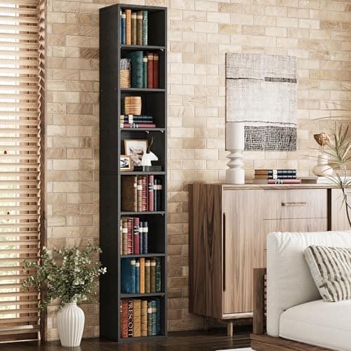 IRONCK Tall Narrow Bookshelf 8 Tiers, Compact Corner Bookcase, Easy to Match for Living Room, Office, Study, Bedroom, Vintage Black - Image 1