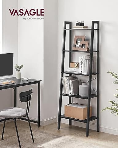 VASAGLE Ladder Shelf, 5-Tier Bookshelf, Storage Rack, Bookcase with Steel Frame, for Living Room, Home Office, Kitchen, Bedroom, Industrial Style, Ebony Black and Ink Black ULLS045B56 - Image 2