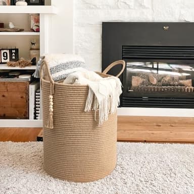 Goodpick Boho Jute Laundry Hamper Basket, Wicker Laundry Basket with Handles, Tall Baby Nursery Hamper, Large Woven Blanket Storage for Living Room, Bedroom, 16" x 20" - Image 2