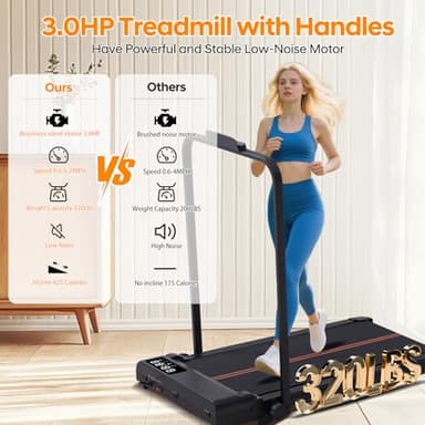 Walking Pad with Handle Bar and Incline, 3.0HP Portable Small Treadmills with Handles for Home Small Spaces, 0.6-6.2MPH Electric Compact Walking Pads Treadmills with Incline, 320LB Capacity - Image 3