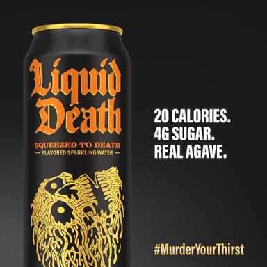 Liquid Death, Squeezed to Death, Orange-Flavored Sparkling Water, 8-Pack (19.2oz Cans), Low Calorie & No Artificial Sweeteners - Image 4