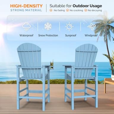 VINGLI Tall Adirondack Chairs Set of 2 HDPE Adirondack Bar Stools with Cup Holders, Poly Deck Chairs Outdoor Bar Stools, 350LBS Capacity (Blue, 2 PCS) - Image 6