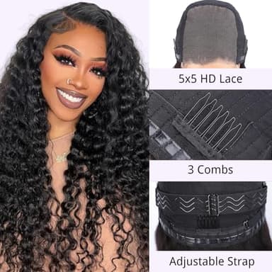 NKTU Wear and Go Glueless Wigs Human Hair Pre Plucked Pre Cut, 5x5 HD Lace Closure Wigs, All-Day Comfort, Deep Wave Wig for Women, Raw Human Hair, 180 Density, Narural color, 22 Inch - Image 2