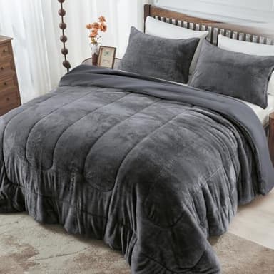 HCORA Faux Fur Queen Comforter Set - Super Soft & Warm Plush Shaggy Bed Comforter, Cozy Fuzzy Bedding Comforter Sets for Fall and Winter, Non-Shedding, 3 Pcs(1 Comforter + 2 Pillowcases) - Image 1