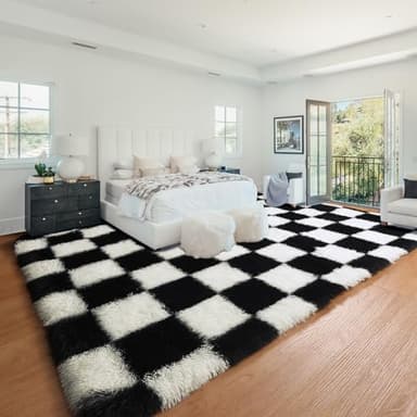 KICMOR Rugs for Living Room 7x9 Area Rug, Black and White Large Fluffy Shag Shaggy Fuzzy Checkered Bedroom Carpet, Indoor Soft Plush Big Rug for Kids Boys Girls Dorm Nursery Home Decor Aesthetic - Image 3