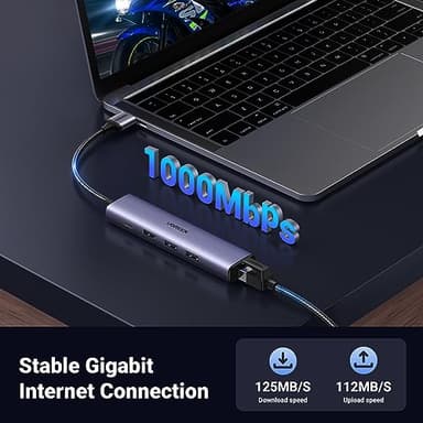 UGREEN USB to Ethernet Adapter, 5 in 1 USB Hub with Ethernet, Plug and Play, Multiport Network Adapter with 3 USB 3.0 Port, Gigabit RJ45, USB-C Power Port Compatible for Laptop MacBook XPS Windows 11 - Image 3