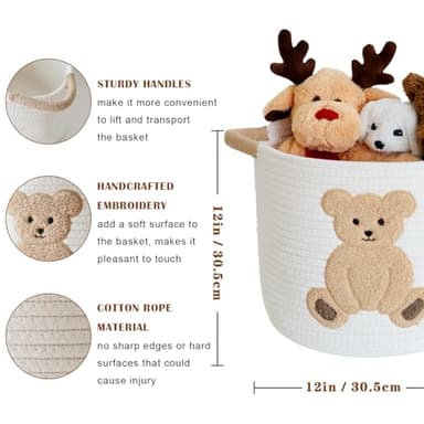 INough Cotton Rope Basket Toy Storage Baskets for kids Laundry Hamper, Gift Basket Empty Baby Shower Baskets with Handles, Cute Bins Blanket Stuffed Animal Storage for Nursery, Living Room Decor, Bear - Image 6