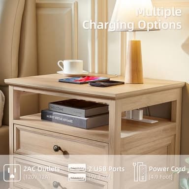 Joaxswe Farmhouse Nightstand Set of 2 with Charging Station, 24" Wide End Table with 2 Drawers,Natural Dresser for Bedroom,Bed Side Table Chest of Drawers Cabinet, Night Stand for Living Room - Image 7