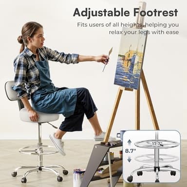 SUPERJARE Drafting Chair with Back, Adjustable Foot Rest Rolling Stool, Multi-Purpose Office Desk Chair, Thick Seat Cushion for Home Bar Kitchen Shop - White - Image 7