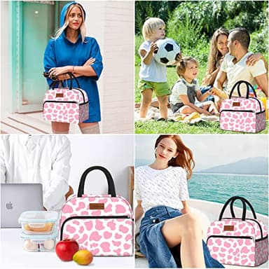 Coobiiya Lunch Bag Women, Lunch Box for Women Adult Men, Small Leak-proof Cute Lunch Tote Large Capacity Reusable Insulated Cooler Lunch Container for Work/Office/Picnic/Travel-Pink Cow - Image 6