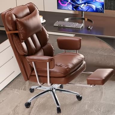 Sweetcrispy Executive Home Office Desk Chair - Ergonomic Big Tall High Back with Footrest & Lumbar Support, Reclining Height Adjustable, Comfy PU Leather Computer Gaming with Swivel Wheels, Brown - Image 2