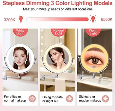 Rechargeable Wall Mounted Lighted Makeup Vanity Mirror 8 Inch Double Sided 1X 10X Magnifying Bathroom Mirror, 3 Color Lighting, Touch Screen Dimming, Extended Arm 360 Rotation Shaving Light up Mirror - Image 5