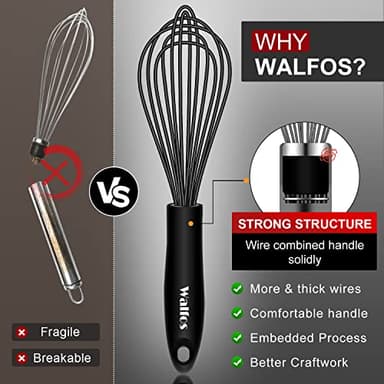 Walfos Silicone Whisk,Stainless Steel Wire Whisk Set of 3 -Heat Resistant 480°F Kitchen Whisks for Non-stick Cookware,Balloon Egg Beater Perfect for Blending,Whisking,Beating,Frothing & Stirring,Black - Image 2