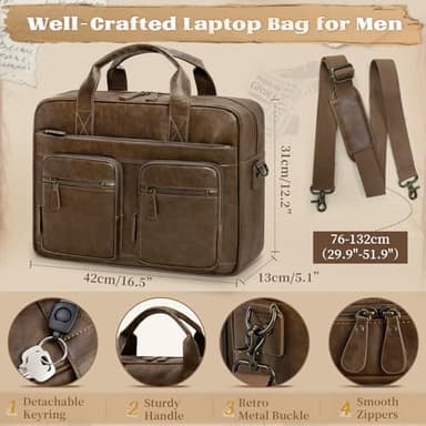 RAINSMORE Vintage Messenger Bag for Men PU Vegan Leather Computer Laptop Bag 15.6 Inch Waterproof Briefcases for Men Retro Mens Briefcase Satchel Bag for Work Office Business Travel Brown - Image 6