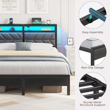 Seventable Bed Frame Queen Size with Charging Station, LED Bed with Upholstered Storage Headboard, Metal Platform Bed with Under Bed Storage, No Box Spring Needed, Noise Free, Easy Assembly, Grey - Image 6