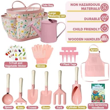 Kids Gardening Set 14Pcs Gardening Tools for Kids with Tote Bag,Watering Can, Shovel, Apron, Garden Book and More Educational STEM Learning Outdoor for Toddlers Boys Girls (Pink) - Image 2