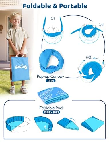 Hikiddy Foldable Kiddie Pool with Canopy: 47in Baby Pool and Beach Tent for Toddlers Infants 6-12 Months and Kids 2-4 Years Old - Portable Water Play with Shade for Outdoor Backyard Beach (Blue-Blue) - Image 4