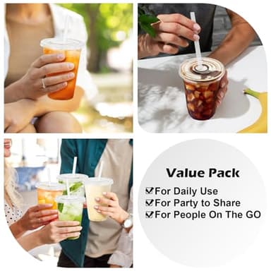 Huifany 100 Pack 16 oz Disposable Plastic Cups with Lids and Straws, Clear Party Coffee Cups for Cold Beverages, Smoothies, Iced Coffee, and Leak-Proof, BPA-Free - Image 8