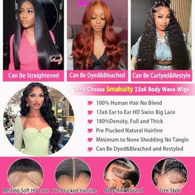 Smabuity 13x6 Body Wave Lace Front Wigs Human Hair Pre Plucked, 180% Density HD Transparent Glueless Lace Frontal Wigs with Baby Hair for Women, 26 Inch - Image 2