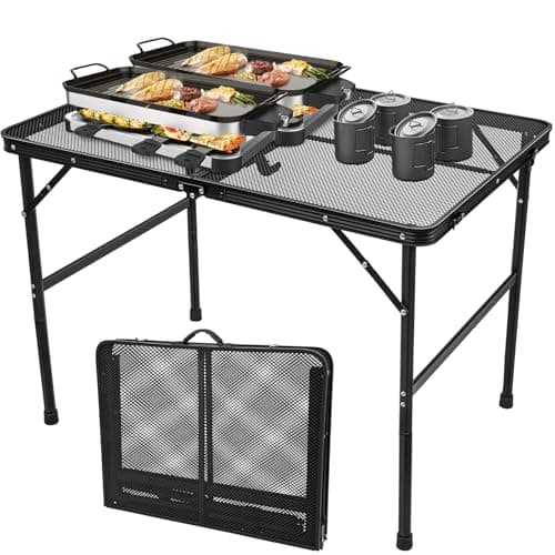 3x2 FT Folding Camping Table Foldable Grill Table for Outdoor BBQ, Metal Portable Camping Grill Stand with Mesh Desktop, Adjustable Height Lightweight BBQ Tables Black - Image 1