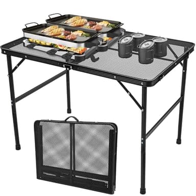 3x2 FT Folding Camping Table Foldable Grill Table for Outdoor BBQ, Metal Portable Camping Grill Stand with Mesh Desktop, Adjustable Height Lightweight BBQ Tables Black - Image 1