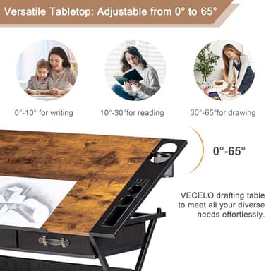 VECELO Drafting Table Art Desk Art Table Adjustable Drawing Table Tilted Tabletop with 2 Storage Drawers and Stool, Drawing Desk for Artist Painters Drawing, Crafting, Reading, Writing, Rustic Brown - Image 4