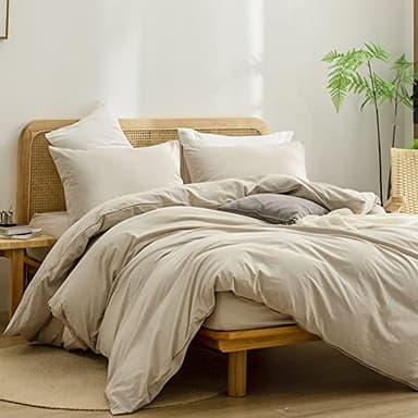 BESTOUCH Duvet Cover Set 100% Washed Cotton Linen Feel Super Soft Comfortable Chic Lightweight 3 PCs Home Bedding Set Solid Almond Milk Grey Queen - Image 4