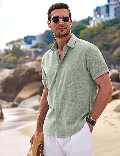 COOFANDY Men's Summer Beach Cotton Linen Short Sleeve Shirt Business Work Shirts Light Green - Image 3