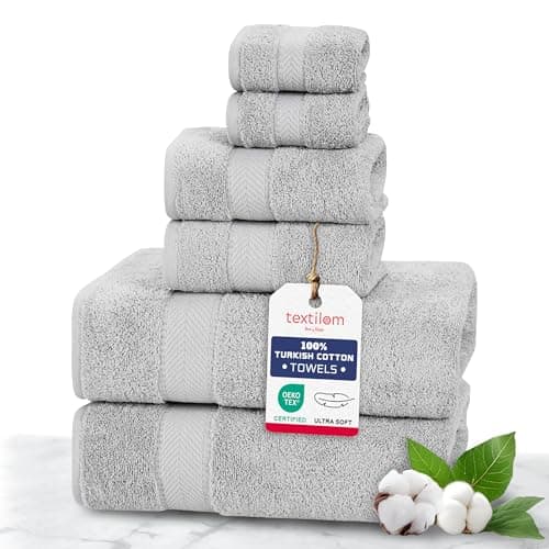 TEXTILOM 100% Turkish Cotton 6 Pcs Luxury Bath Towels, Soft & Absorbent Bathroom Towels Set (2 Bath Towel, 2 Hand Towel, 2 Washcloths)- Light Grey - Image 1