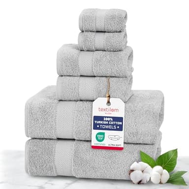 TEXTILOM 100% Turkish Cotton 6 Pcs Luxury Bath Towels, Soft & Absorbent Bathroom Towels Set (2 Bath Towel, 2 Hand Towel, 2 Washcloths)- Light Grey - Image 1