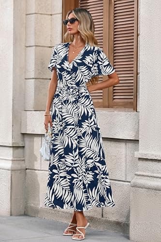 MASCOMODA Womens Summer Boho Maxi Dress Floral Wrap V Neck Flutter Short Sleeve Tie Waist A Line Tiered Flowy Long Dresses(Navy White Flower,Large) - Image 4