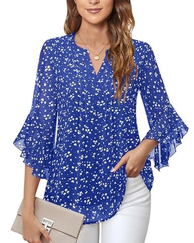 Timeson Womens 3/4 Sleeve Tops: Office Attire - Blouses for Woman - Womens Dress Shirts Junior Business Casual Tops Ladies Work Professional Clothes Elegant Fall Dressy Chiffon Tunics Spotted Blue L - Image 3
