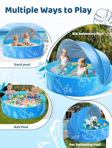 Hikiddy Foldable Kiddie Pool with Canopy: 47in Baby Pool and Beach Tent for Toddlers Infants 6-12 Months and Kids 2-4 Years Old - Portable Water Play with Shade for Outdoor Backyard Beach (Blue-Blue) - Image 7