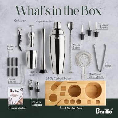 Barillio Bartender Kit - Stainless-Steel Cocktail Shaker Set w/Bamboo Stand - Mixology Bar Tools w/Drink Shaker, Mixer Spoon & Muddler for Cocktails - Home Bar Accessories - 23-Pc Bar Set - Silver - Image 4