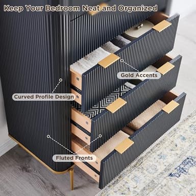 T4TREAM Fluted 5 Drawers Dresser for Bedroom, 48" Tall Modern Dresser Chest of Drawers, Gold Accents, Fluted Fronts, Wood Storage Dressers Organizer for Bedroom, Living Room, Dark Grey - Image 4
