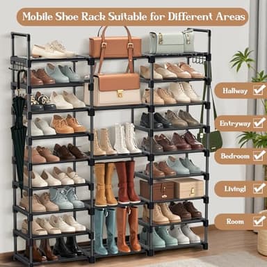 VOFirst Shoe Rack Storage Shelf Stand Cabinet, 9 Tier Shoe Organizer for Closet Entryway Holds 50-55 Pairs Stackable Space Saving Storage Freestanding Shelf with Hooks - Image 7