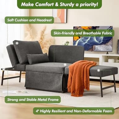 ZZW Sleeper Chair Bed Upgrade 4-in-1 to 5-in-1 Convertible Multi-fuction Sofa Chair w/Adjustable Backrest Assembly-Free Linen Folding Sofa Ottoman Bed for Living Room Apartment (Dark Grey) - Image 7