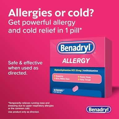 Benadryl Ultratabs Allergy Medicine, 25 mg Diphenhydramine HCl Antihistamine Tablets For Cold & Allergy Relief of Symptoms Like Sneezing, Runny Nose, Itchy Eyes & Throat, Hay Fever, 100 Count Tablets - Image 3