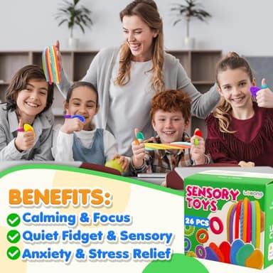 Fidget Sensory Toys for Kids: 26 Pack Quiet Squishy Fidgets for Classroom Students Prizes- Textured Soft Fidget Rings Stretchy Strings for Autism Calming Down - Office Desk Toddler Travel Treasure Box - Image 4