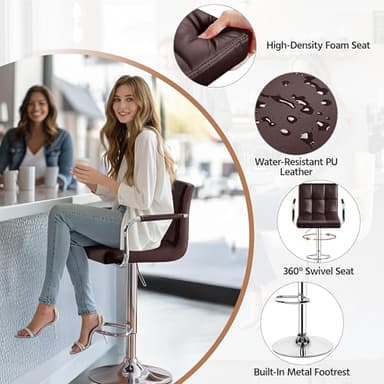 Yaheetech Bar Stools Set of 2, Adjustable PU Leather Swivel Barstools, Modern Counter Stools with Back and Footrest, Counter Height Barstools for Bar, Kitchen, Dining Room, Brown - Image 6