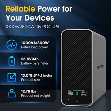 GOLDENMATE 1000VA/800W Lithium UPS Battery Backup and Surge Protector, Sinewave UPS System with LiFePO4 Battery(230.4 Wh), 2025 Upgraded Pro Ver. with Communication Port, 8 Outlets, LCD Display, White - Image 2