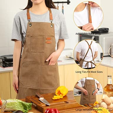 Tosewever Canvas Cross Back Chef Apron for Men Women with Adjustable Straps Large Pockets, Waterdrop Kitchen Heavy Duty Cotton Aprons for Tool Cooking BBQ Artist, M to XXL (Cappuccino Brown) - Image 5