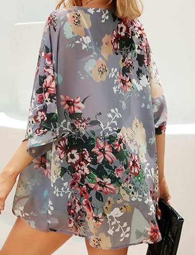 Women's Floral Print Puff Sleeve Kimono Cardigan Loose Cover Up Casual Blouse Tops (Dark Grey, S) - Image 6